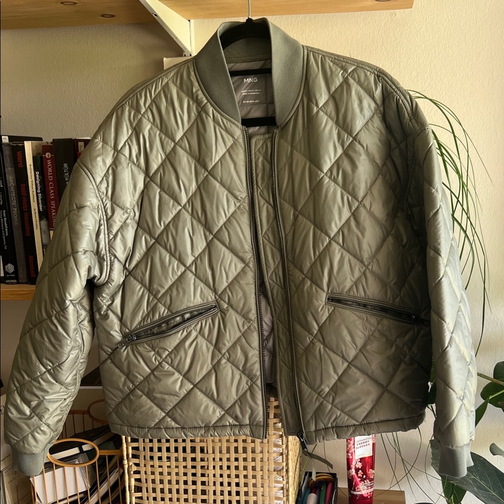 Mango Quilted Bomber Jacket in Olive